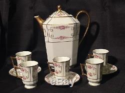 Antique Avance Limoges Chocolate Set / Coffee Set Hand Painted Roses & Gold
