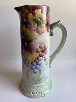 Antique B & C Limoges France Porcelain Hand Painted Grapes Pitcher/Vase 13,5H