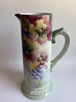 Antique B & C Limoges France Porcelain Hand Painted Grapes Pitcher/Vase 13,5H