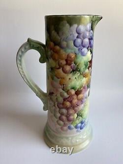 Antique B & C Limoges France Porcelain Hand Painted Grapes Pitcher/Vase 13,5H