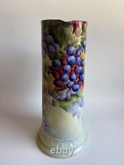 Antique B & C Limoges France Porcelain Hand Painted Grapes Pitcher/Vase 13,5H