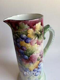 Antique B & C Limoges France Porcelain Hand Painted Grapes Pitcher/Vase 13,5H