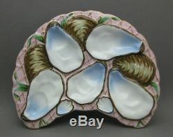 Antique Crescent Fish Net Hand Painted Porcelain Oyster Plate Pink Blue Brown