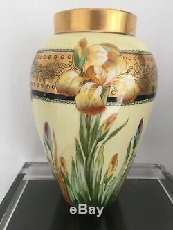 Antique D Co Limoges Hand Painted Vase Iris Flowers Gilt Rim Artist Signed 11