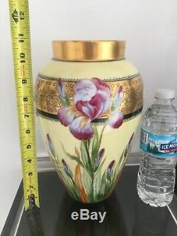 Antique D Co Limoges Hand Painted Vase Iris Flowers Gilt Rim Artist Signed 11