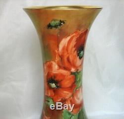 Antique D&c Delinieres Limoges China Porcelain 11.25 Vase Hand Painted Poppies