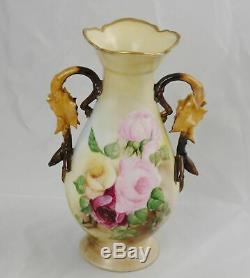 Antique Elite Limoges Hand Painted Rose Vase with Leaf Handles 10-1/4 France