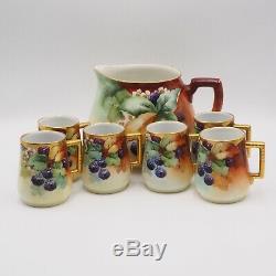 Antique Estate Limoges Hand Painted Berry Motif Lemonade Pitcher With Six Cups
