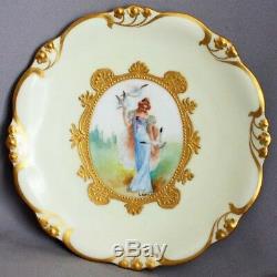 Antique FRENCH HAND PAINTED SIGNED CABINET PLATE France WOMAN w DOVES Birds Lady