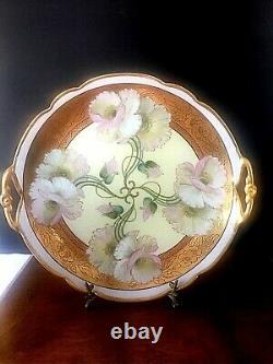Antique France- Pickard Limoges Plate w Handles-Hand Painted-Pink Flowers & Gold