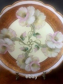 Antique France- Pickard Limoges Plate w Handles-Hand Painted-Pink Flowers & Gold