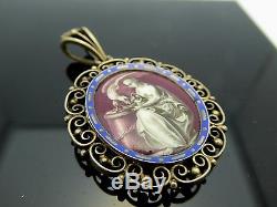 Antique French 1900 Sterling Gold Wash Hand Painted Enamel Woman Bird Locket