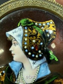 Antique French Hinged Bronze Box With Limoge Hand Painted Enamel Portrait