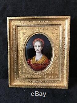 Antique French Limoges Hand Painted Miniature Plaque Enamel withWooden Frame-312e