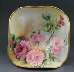 Antique French Limoges Porcelain Compote Pedestal Bowl Hand Painted Wild Roses