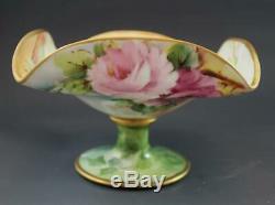 Antique French Limoges Porcelain Compote Pedestal Bowl Hand Painted Wild Roses
