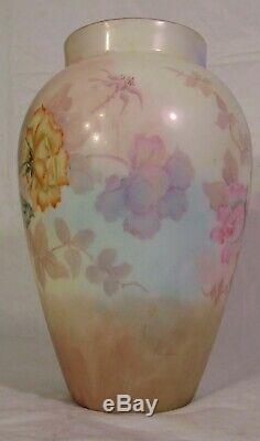 Antique French Limoges Porcelain Hand Painted Yellow Pink Flowers Vase 12