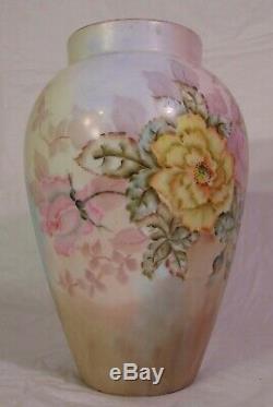 Antique French Limoges Porcelain Hand Painted Yellow Pink Flowers Vase 12