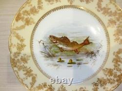 Antique French Limoges porcelain gold hand painted fish serving set PRISTINE