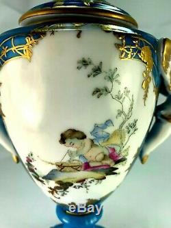 Antique French Pair of Limoges Hand Painted Cherub/Angel Putti Porcelain Urns