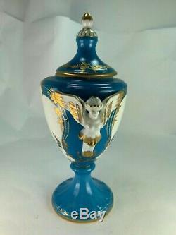 Antique French Pair of Limoges Hand Painted Cherub/Angel Putti Porcelain Urns