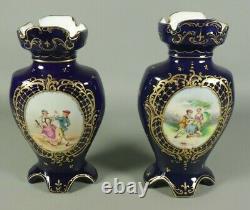 Antique French Pair of Vases Cobalt Blue Hand Painted Paris Porcelain Limoges