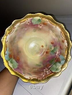 Antique French Pickard hand painted Limoges China punch bowl cranberries Gold