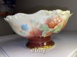 Antique French Pickard hand painted Limoges China punch bowl cranberries Gold