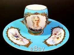Antique French Porcelain Sevres Limoges Hand Painted Portrait Cup And Saucer