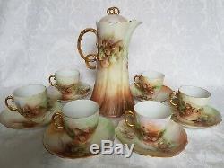 Antique GDA LIMOGES CHOCOLATE SET Hand Painted ACRORN ARTIS SIGNED DATED 1911