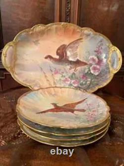 Antique Gorgeous Design Limoges Gold Trim Large Oval Platter & Four Plates