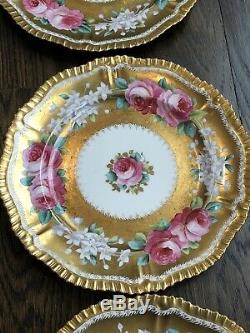 Antique HAMMERSLEY England HANDPAINTED SET 6 Plates PINK ROSES HEAVY GOLD GILT