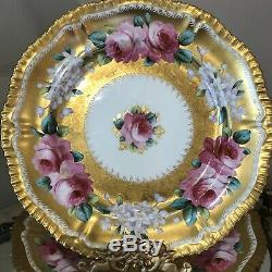 Antique HAMMERSLEY England HANDPAINTED SET 6 Plates PINK ROSES HEAVY GOLD GILT