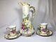 Antique Hand Painted B&h France Chocolate Pot & 2 Cups With Pink/yellow Roses