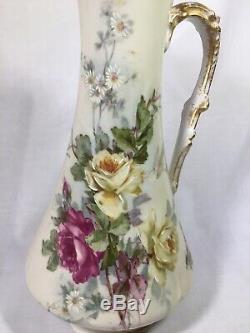 Antique Hand Painted B&H France CHOCOLATE POT & 2 CUPS with Pink/Yellow Roses