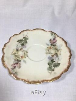 Antique Hand Painted B&H France CHOCOLATE POT & 2 CUPS with Pink/Yellow Roses