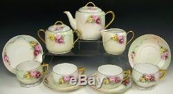 Antique Hand Painted Colorful Roses Tea Set Pot Creamer Sugar Cups & Saucers