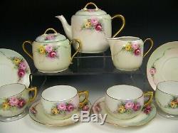 Antique Hand Painted Colorful Roses Tea Set Pot Creamer Sugar Cups & Saucers