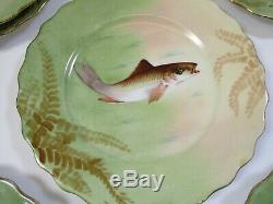 Antique Hand Painted Fish Set (Platter + 6 plates) Artist Signed Baumy Limoges
