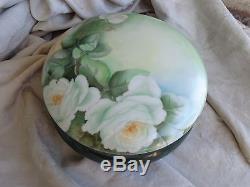 Antique Hand Painted Floral White Roses France Limoges Porcelain Lg Dresser Box