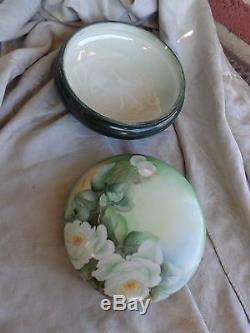 Antique Hand Painted Floral White Roses France Limoges Porcelain Lg Dresser Box