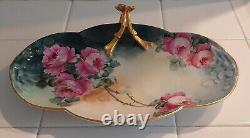 Antique Hand Painted Limoges 10.5 Tray Platter Pink Roses & Gold Trim Iris