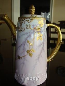 Antique Hand Painted Limoges A. K. Coffee Tea Pot, Flowers & Gold 8 1/4