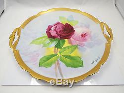 Antique Hand Painted Limoges Coronet Red & Pink Roses Charger or Cake Plate