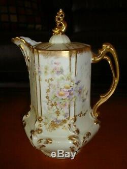 Antique Hand Painted Limoges Elite Chocolate Coffee Tea Pot, Flowers & Gold