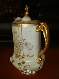 Antique Hand Painted Limoges Elite Chocolate Coffee Tea Pot, Flowers & Gold