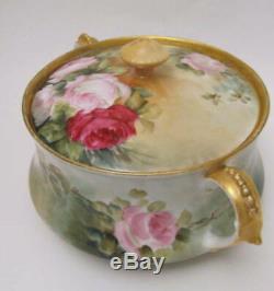 Antique Hand Painted T&V Limoges Roses Biscuit Cracker Jar Artist Signed 1900