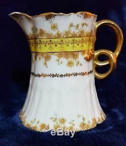 Antique Haviland Limoges CFH GDM pitcher hand-painted gold flowers and garlands