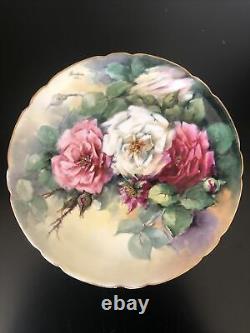 Antique JPL France Plate Hand Painted signed F. Woodman 1906 Cabbage Roses withGold