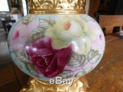 Antique JPL Jean Pouyat Limoges Hand Painted Vase & Stand-ROSES GOLD GILT-France
